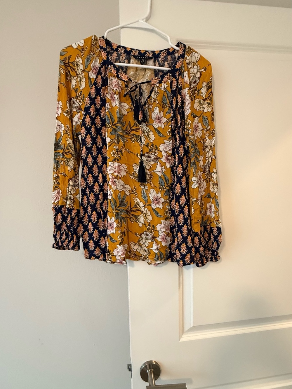Tribal Mustard & Navy Floral Split-Panel Peasant Blouse